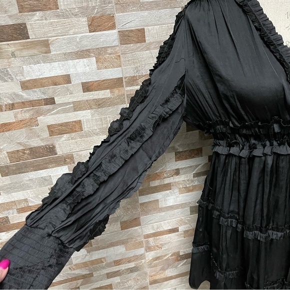 𝅺OPT ONE PRETTY TIME Tianna Mini Dress XL Black Pleated Ruffle Tiered Silky - Picture 9 of 16